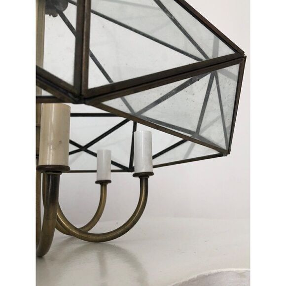 Vintage Mid Century Brass Octagon Diamond Hanging Glass Light Fixture Pendant - Picture 6 of 15